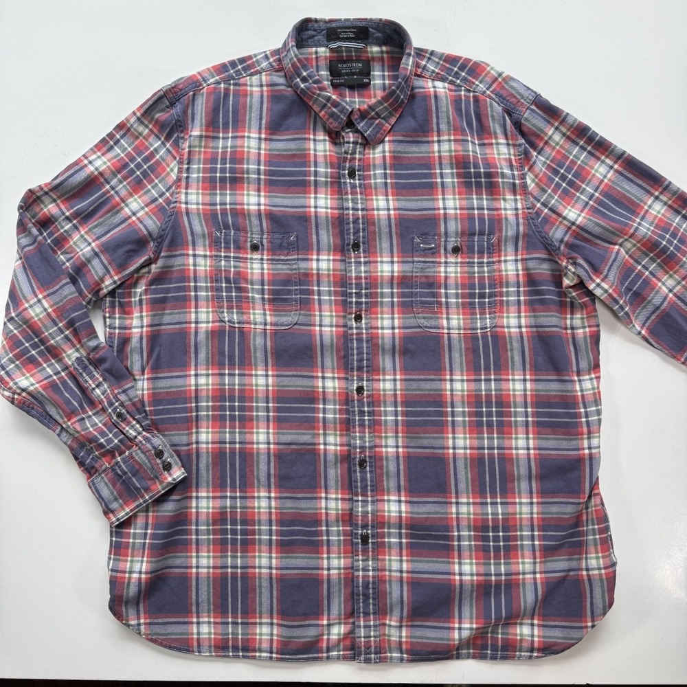 NORDSTROM Long Sleeve Button Up Cotton Flannel Shirt Men XXL Trim Fit Plaid Blue